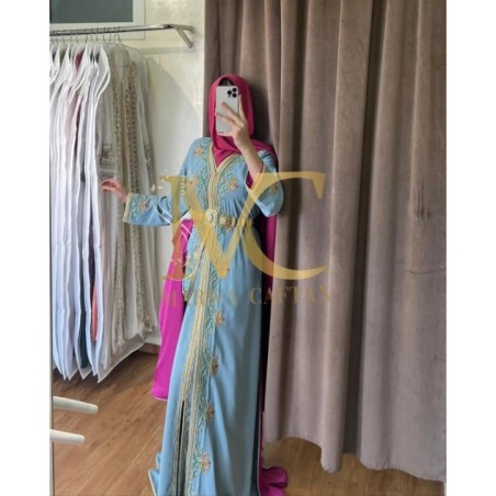 Caftan bleu brodé à la main par Marwa_Caftan |📍Mohammédia, Maroc 🇲🇦