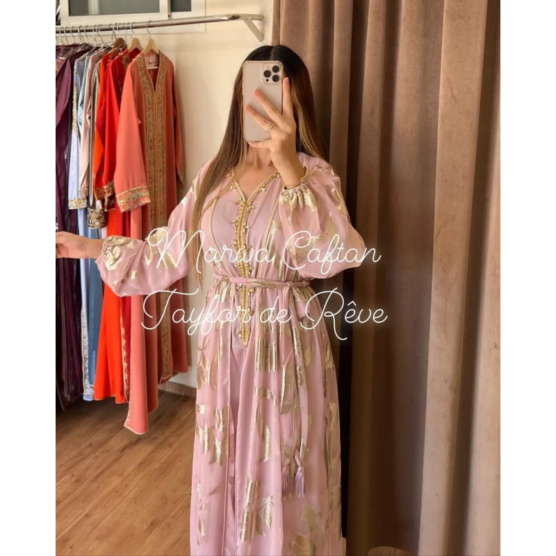 Caftan Organza Rose Poudré et Doré par Marwa_Caftan |📍Mohammédia, Maroc