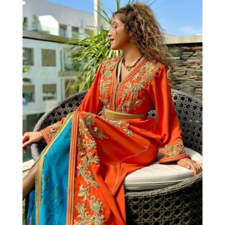 Caftan de luxe orange et bleu par Caftanium |📍Casablanca, Maroc 🇲🇦