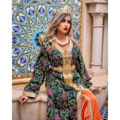 Caftan de luxe vert et orange brodé main par Caftanium |📍Casablanca, Maroc 🇲🇦